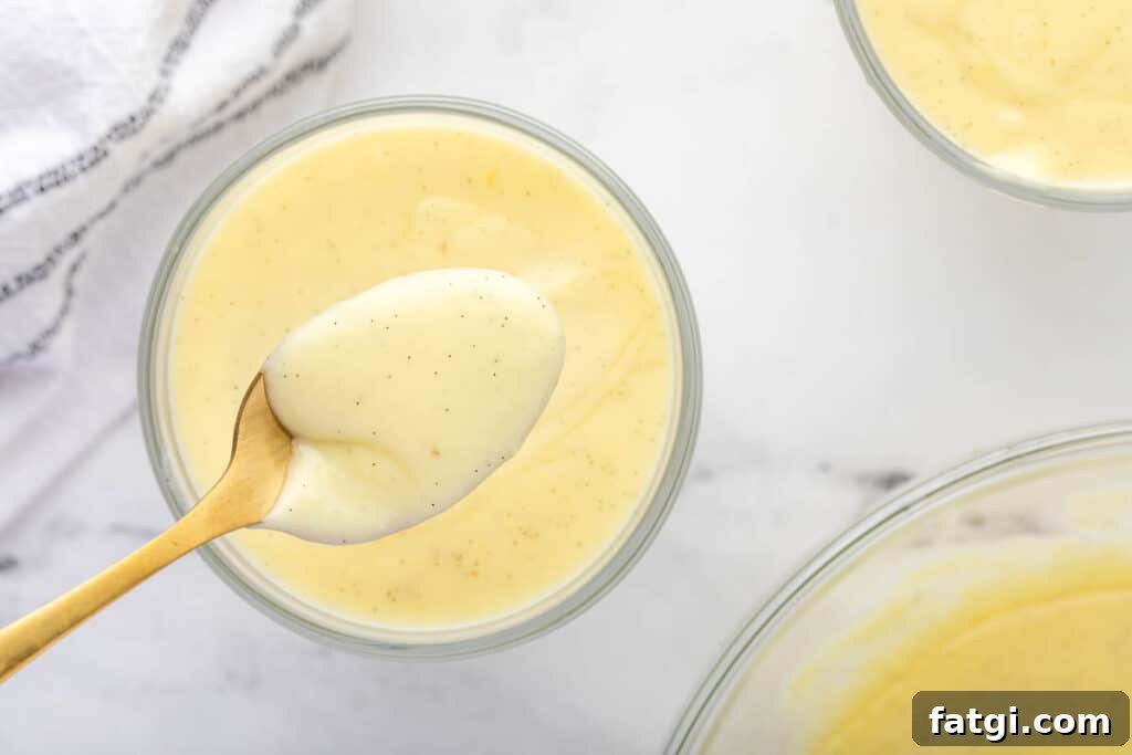 homemade vanilla pudding on spoon