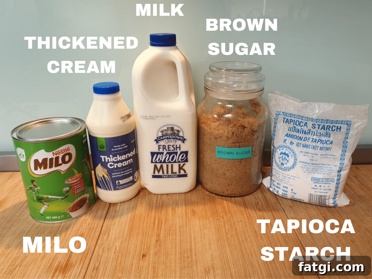 Milo ice cream ingredients, milo, thickened cream, milk, brown sugar, tapioca starch.