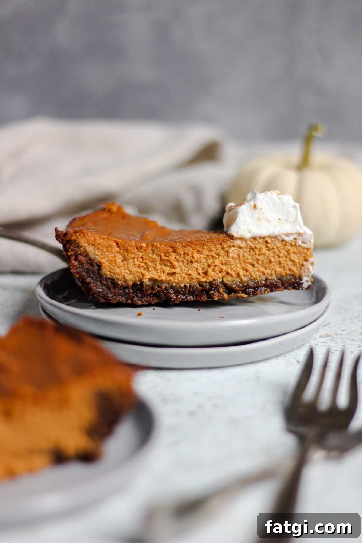 classic pumpkin pie with gingersnap crust side view of a slice of pumpkin pie with a dark cookie crust and whipped cream