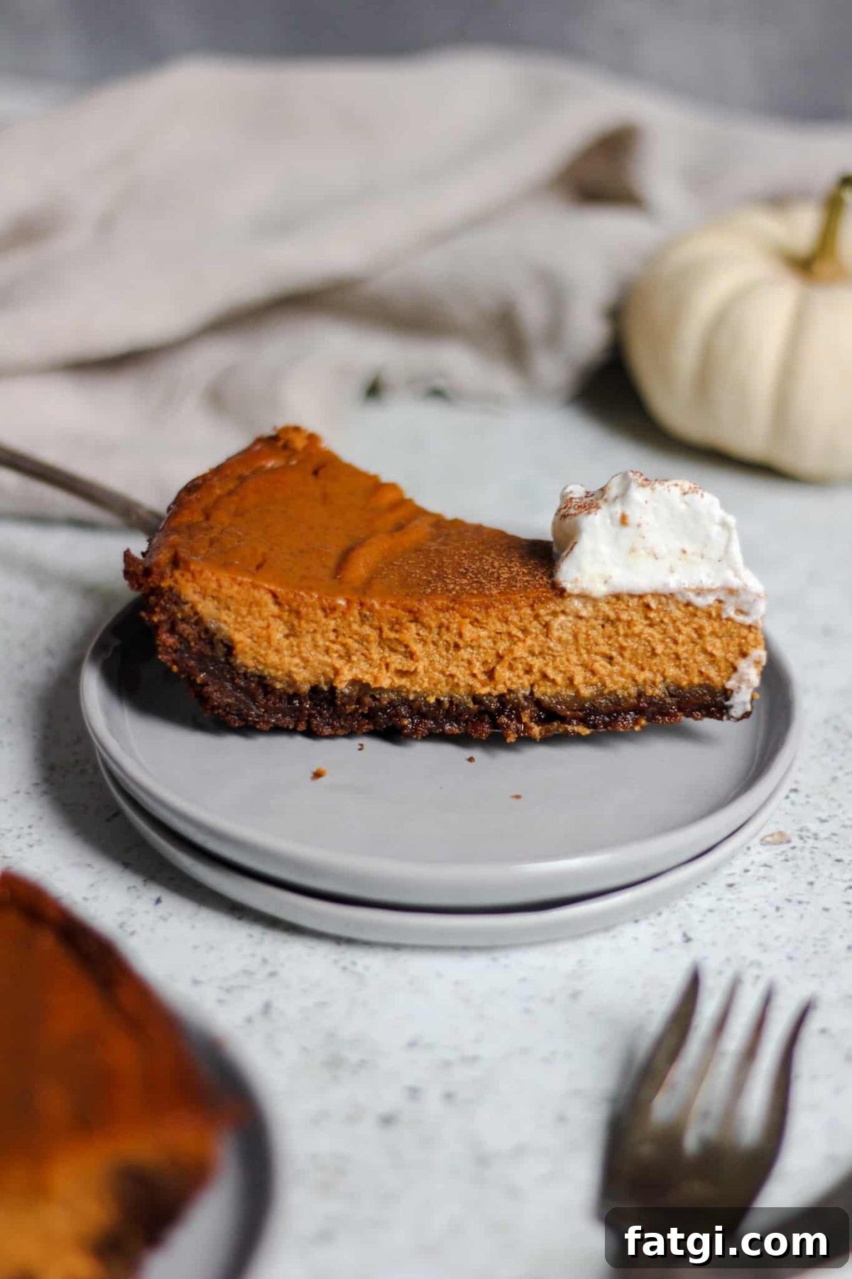 pumpkin pie with gingersnap crust slice of fall pie with whipped cream and a small white pumpkin