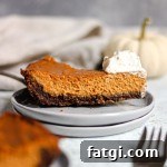 A slice of pumpkin pie with gingersnap crust on a stack of grey plates.
