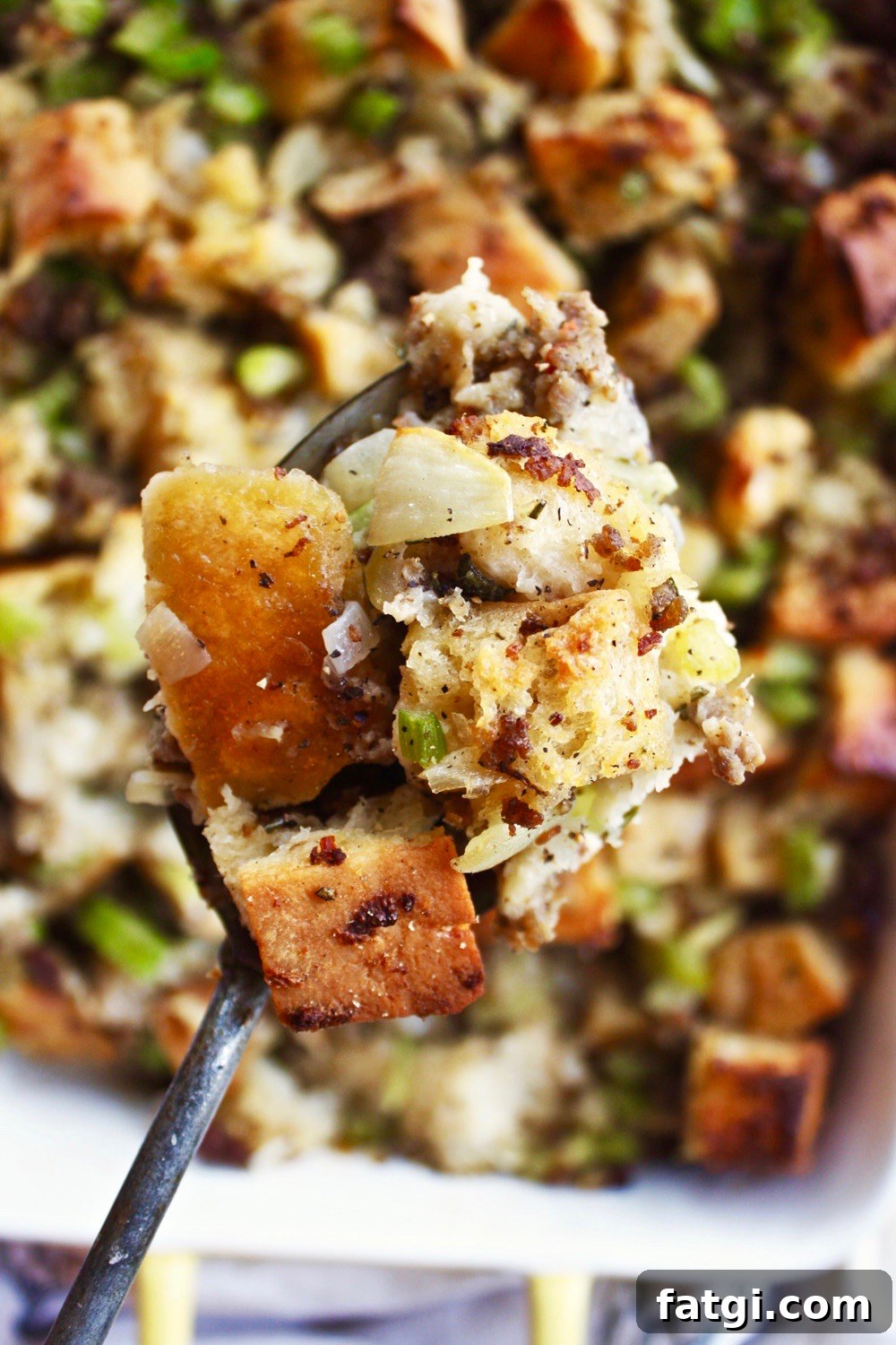 Ciabatta and Pork Sausage Stuffing - hearty homemade Thanksgiving stuffing with sausage, ciabatta bread, and sourdough