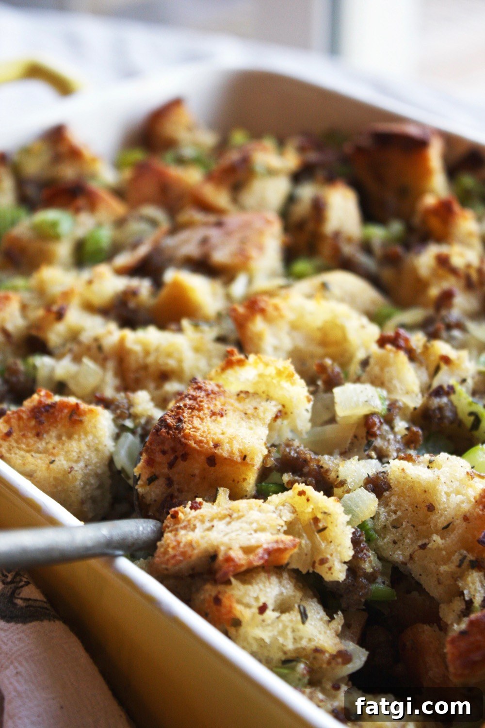 Ciabatta and Pork Sausage Stuffing - golden brown baked stuffing with sausage and rustic bread