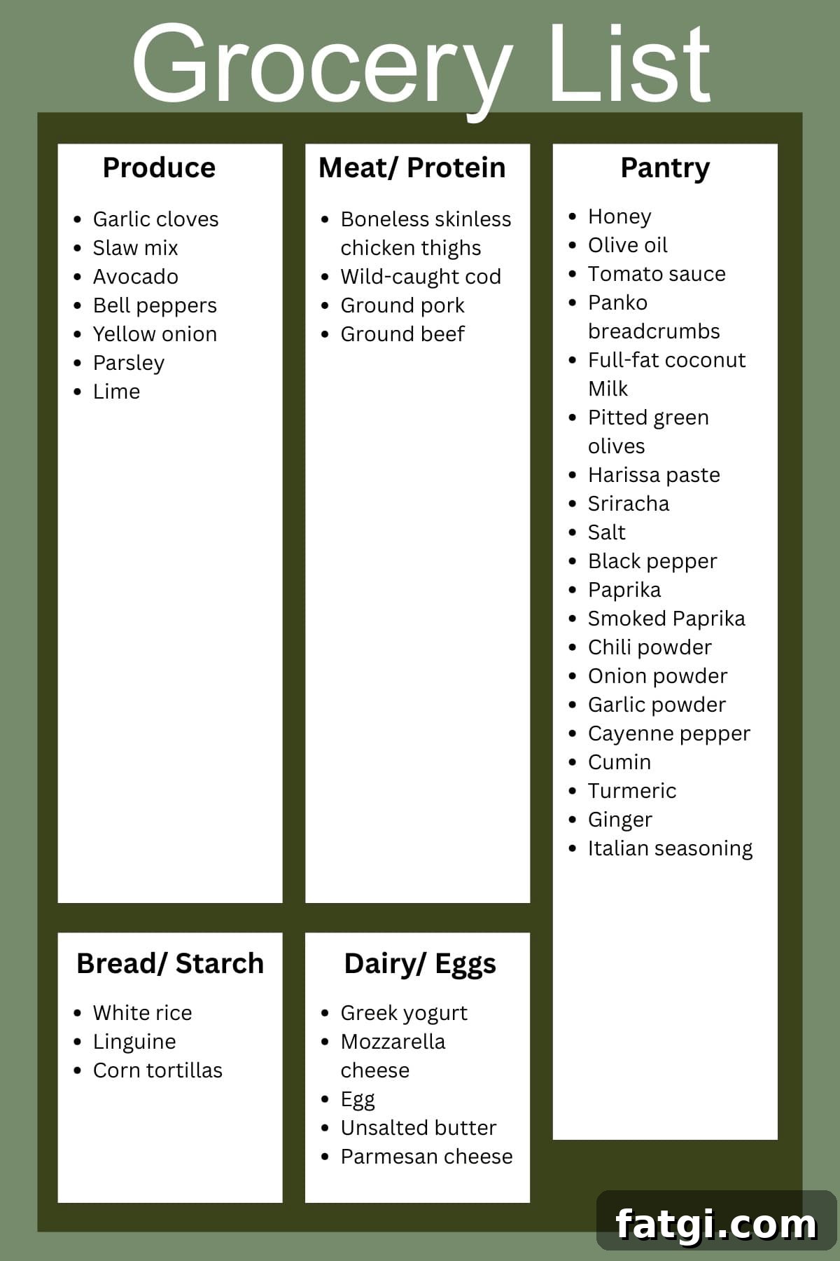 Weekly Meal Plan: Week of June 8, 2025 3 Organized grocery list for a weekly meal plan with categories for produce, meat, pantry, dairy, and bread items on a green background.