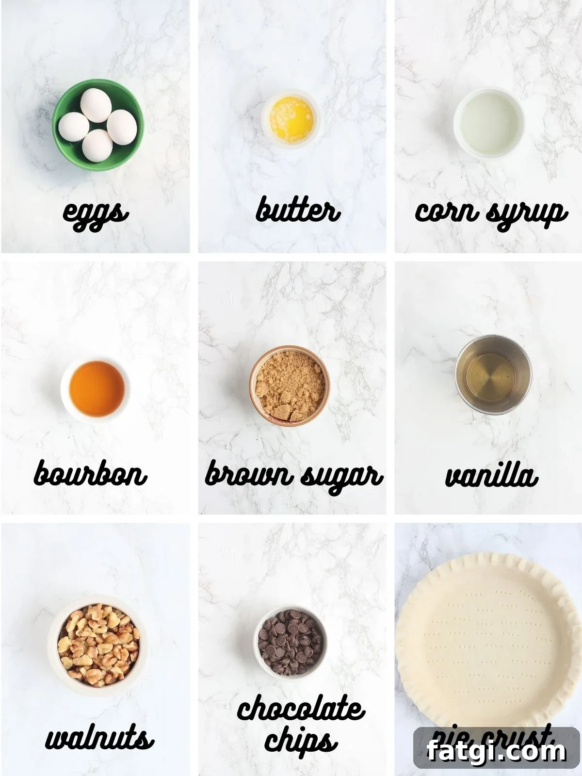 collage of ingredients needed to make Kentucky Derby pie.