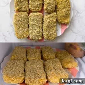 Mozzarella sticks breaded before frying.