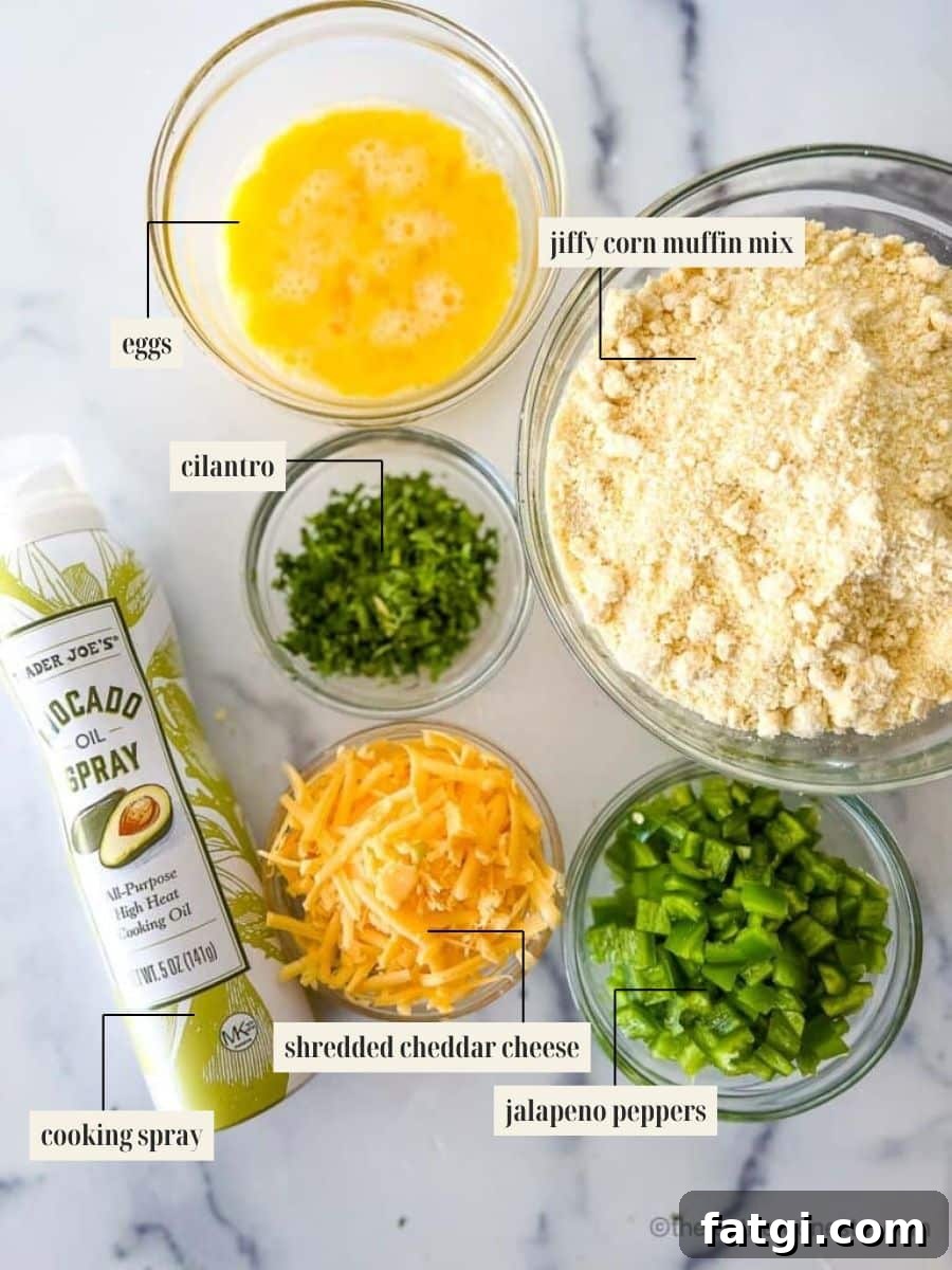 Jiffy Mix Jalapeno Cheddar Cornbread Recipe 4 Labeled ingredient image for Jiffy Jalapeno Cheddar Cornbread recipe.