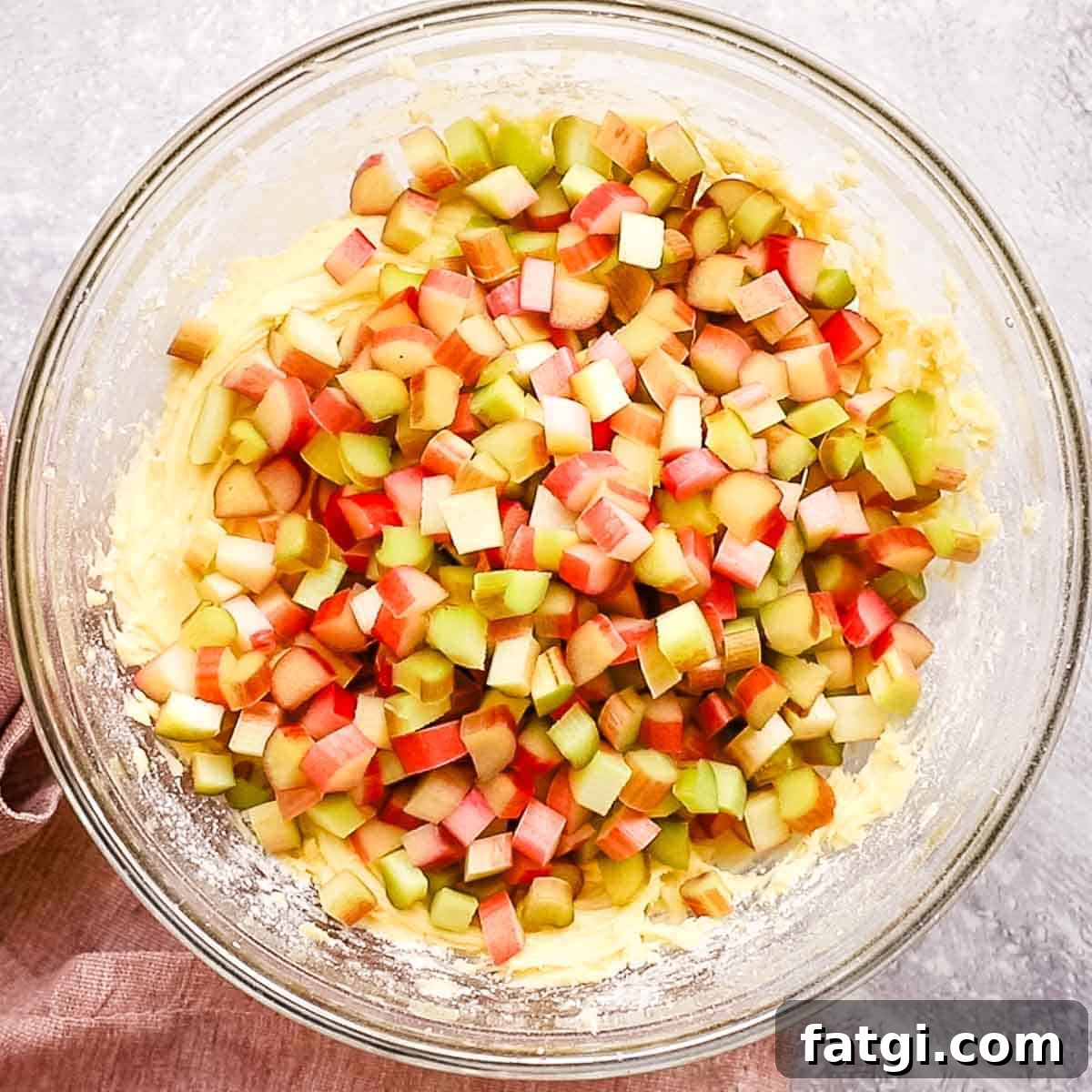 rhubarb added to the cake batter