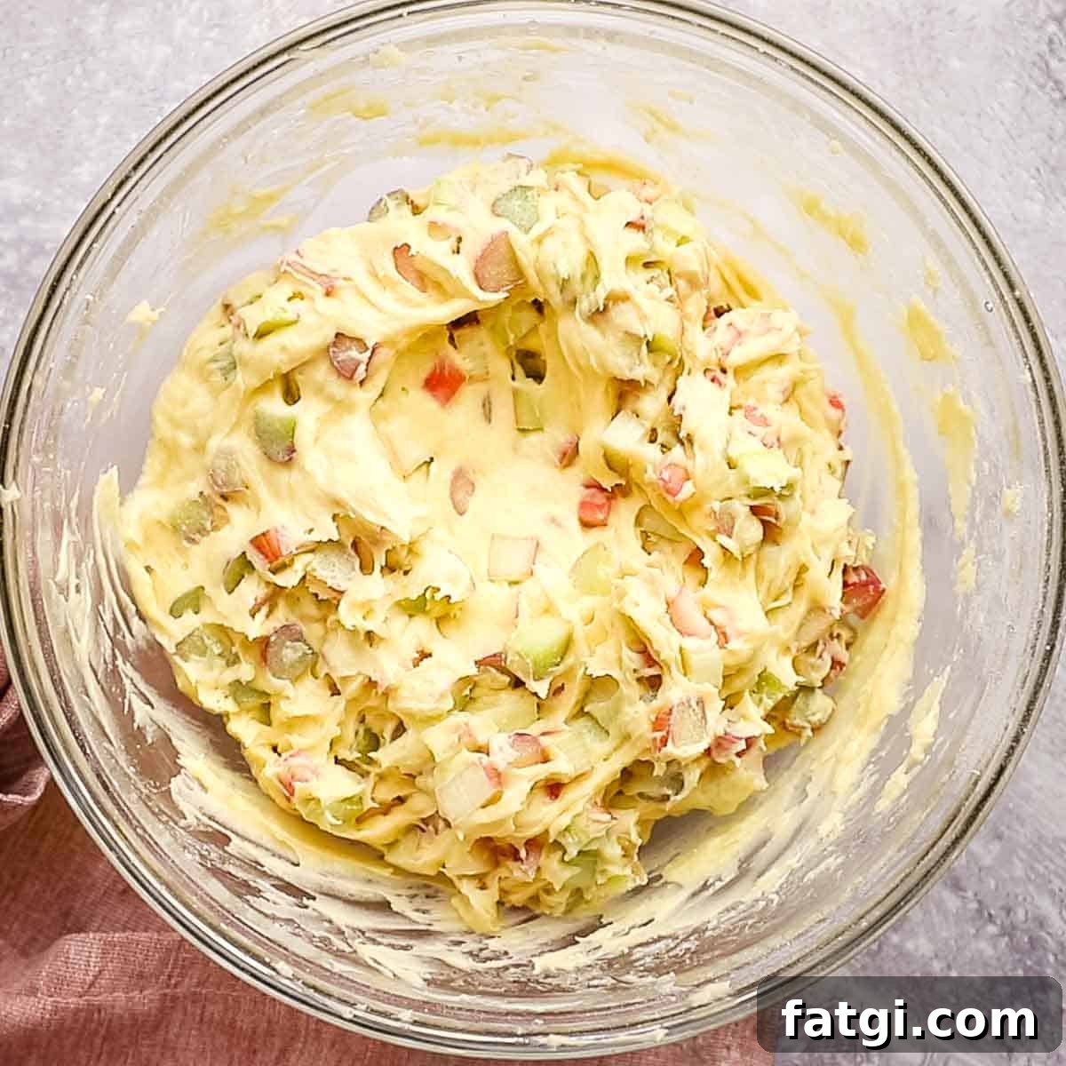rhubarb coffee cake batter in a bowl