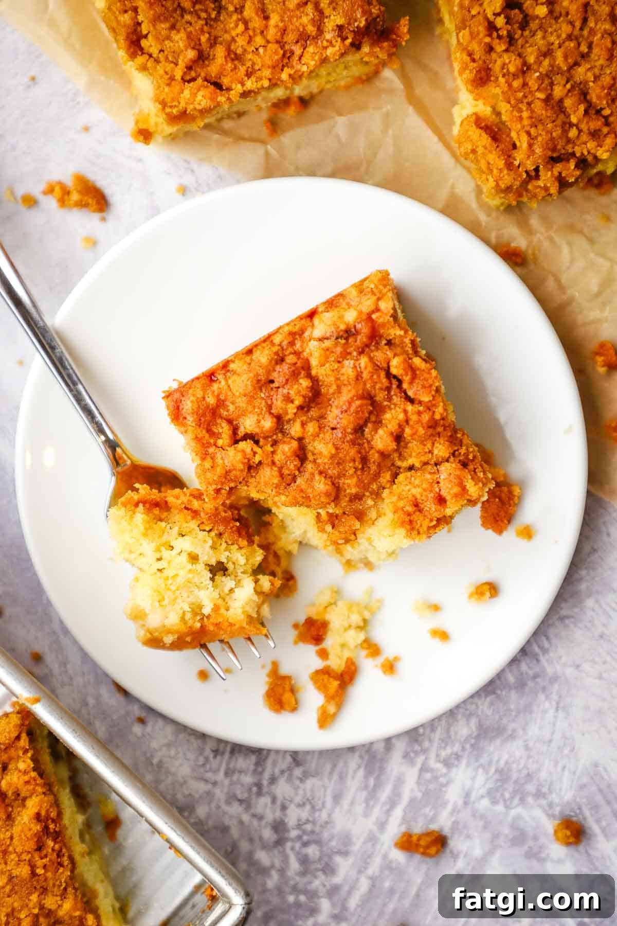 overhead view of a square slice of rhubarb coffee cake