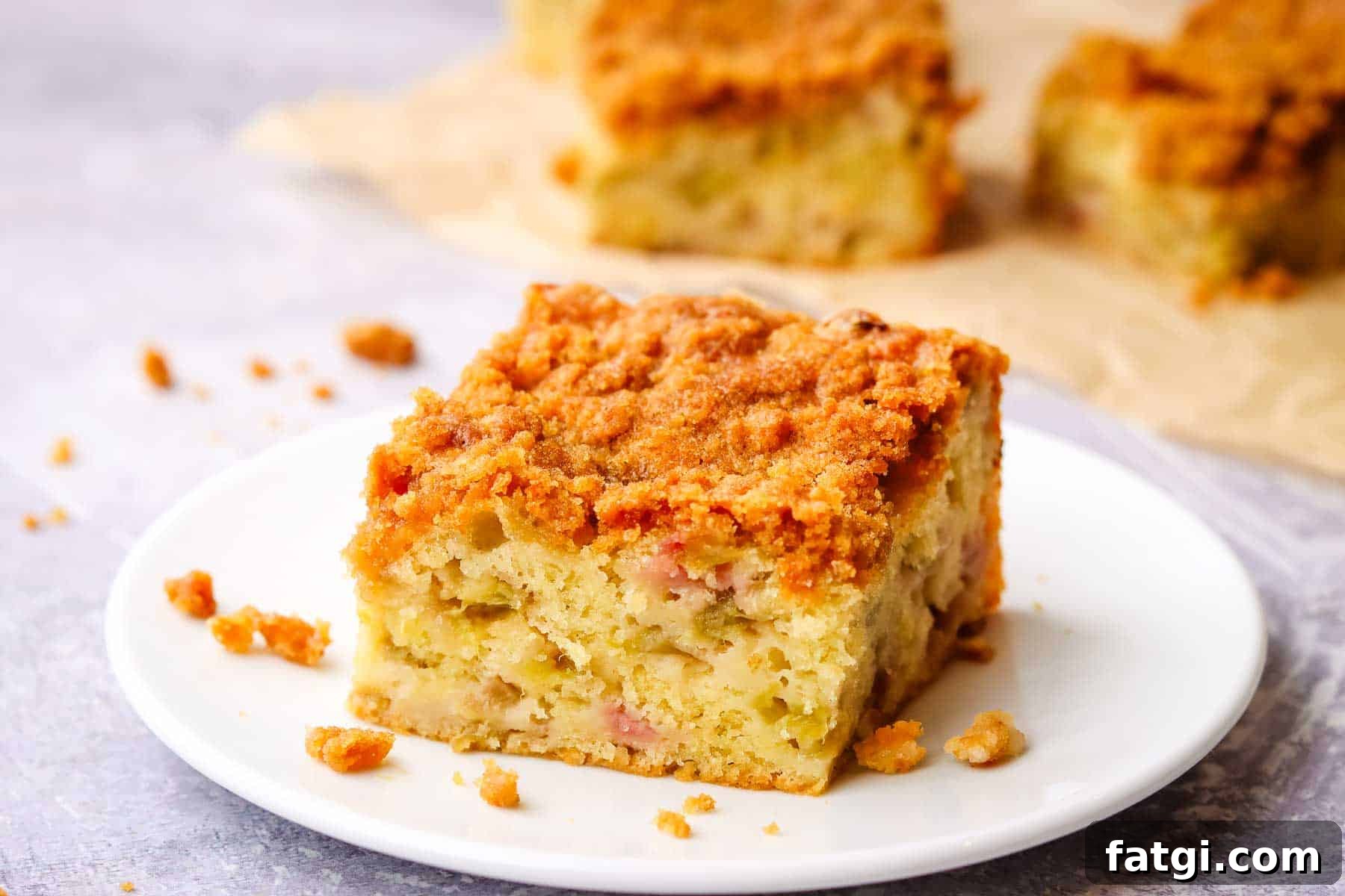 a plate with a piece of rhubarb coffee cake