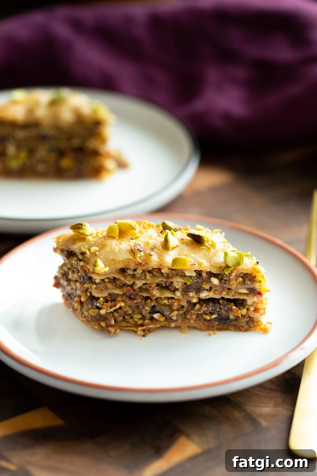 Vegan Baklava with Date and Nut Filling 4 a slice of vegan baklava on a small plate