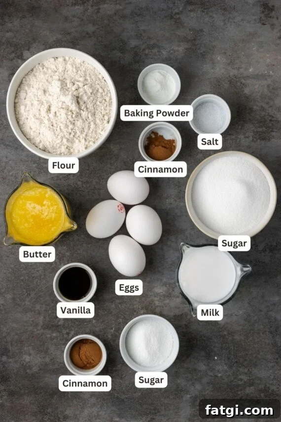 Ingredients for snickerdoodle cupcakes with text labels overlaying each ingredient.