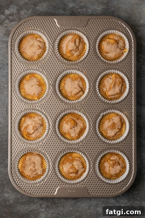 Overhead view of baked snickerdoodle cupcakes topped with cinnamon sugar in a cupcake pan.