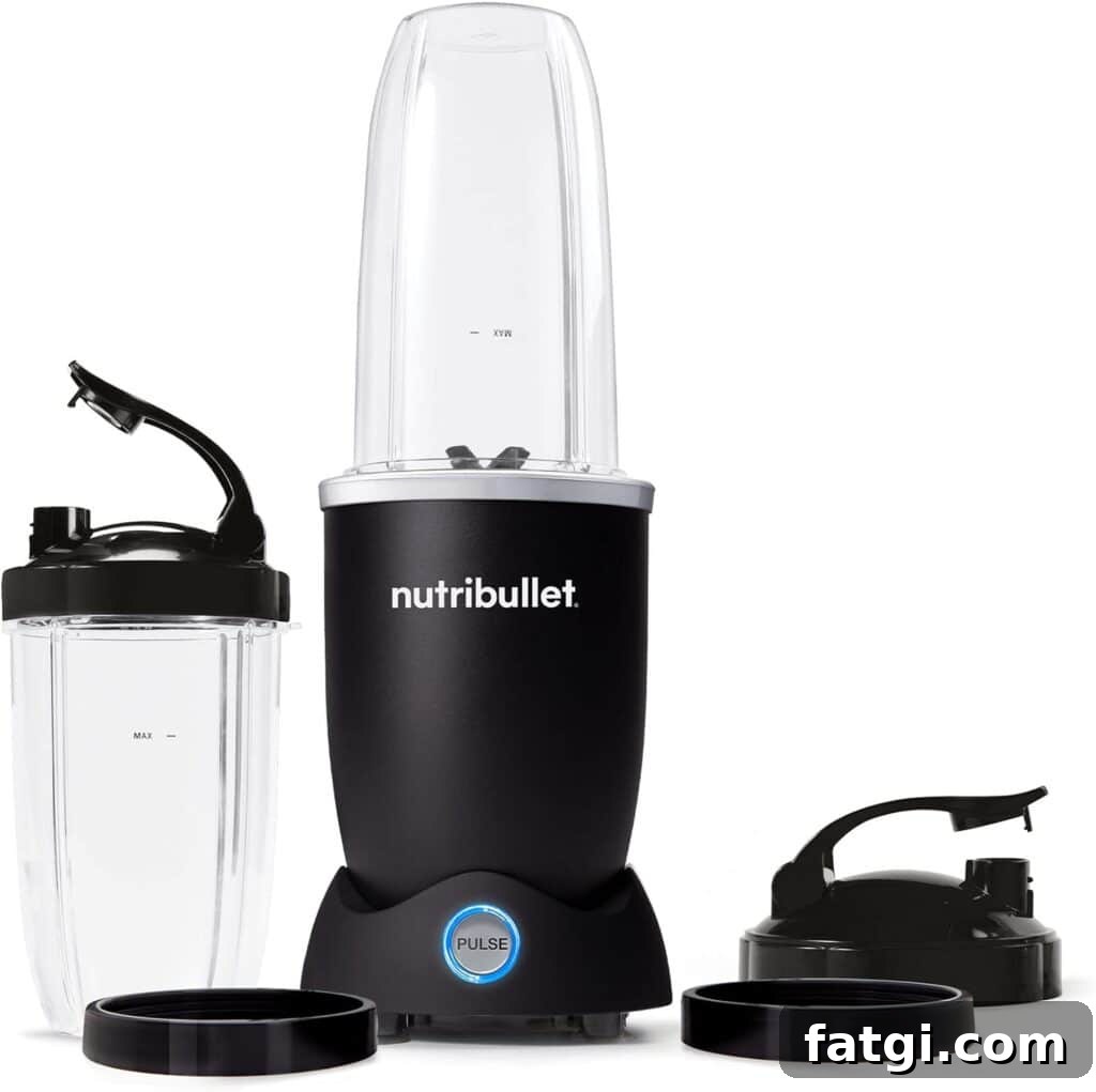 A blender with the word nutibullet on it and a plastic jar. 