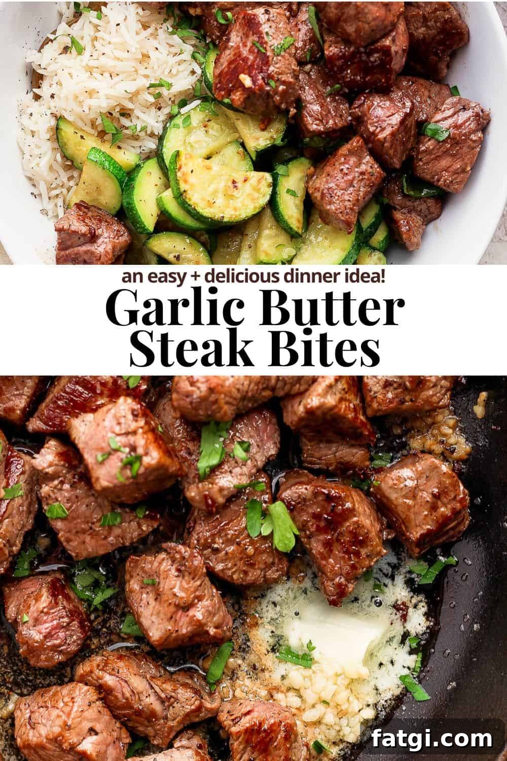 Garlic Butter Steak Bites Recipe 9 Pinterest image for garlic butter steak bites.