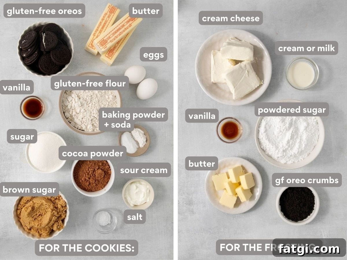 Ingredients for gluten-free Oreo Crumbl cookies and frosting on a countertop