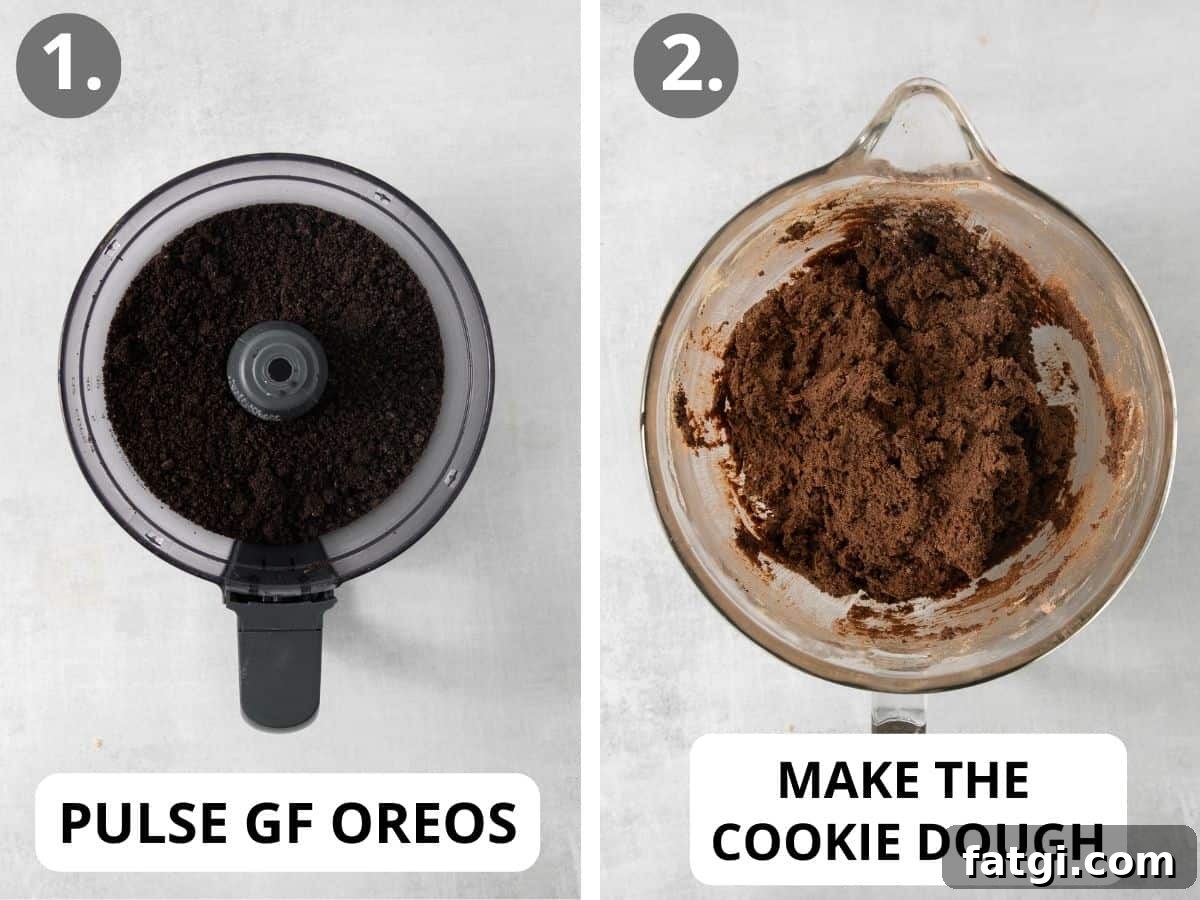 GF Oreos in a food processor and gluten-free Oreo Crumbl cookie dough in a mixing bowl
