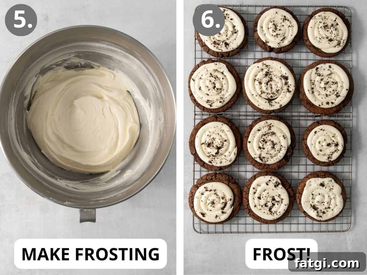 frosting in a standing mixer and frosted gluten-free Oreo Crumbl cookies on a wire rack