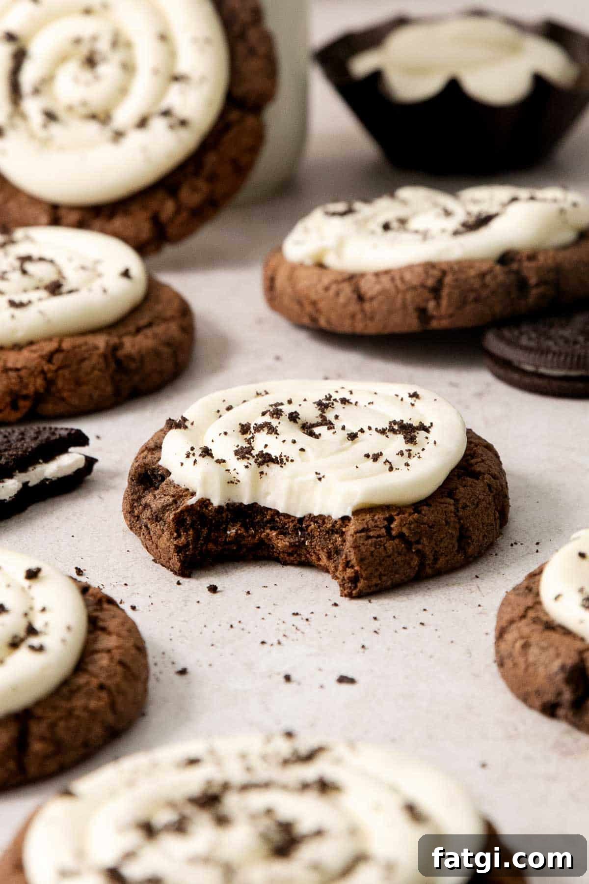 gluten-free Oreo Crumbl cookies on a countertop