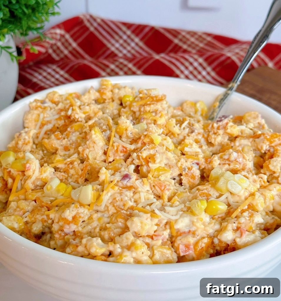 Frito Corn Salad with Cheddar and Chili Cheese Chips 3 Frito Corn Salad topped with fresh corn ready to serve.