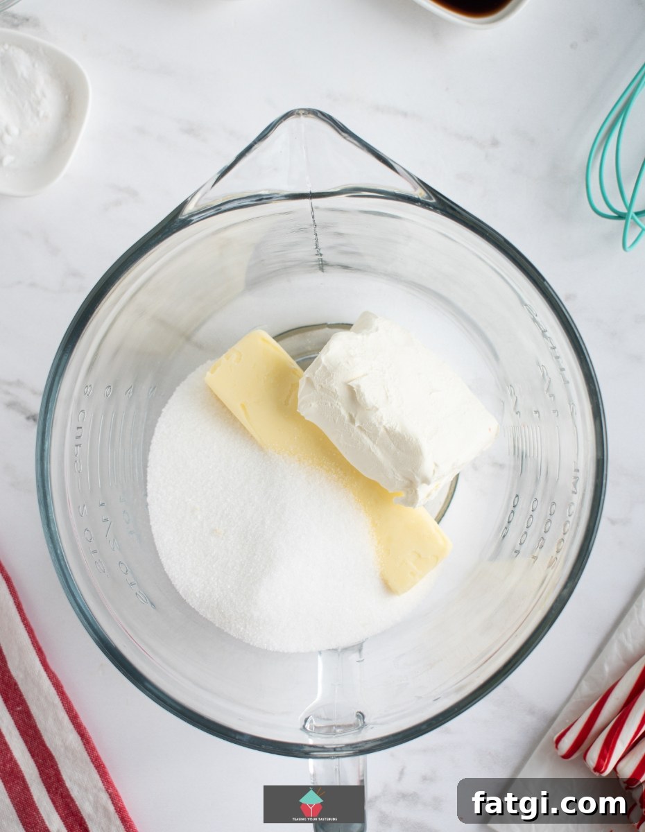 Candy Cane Cream Cheese Cookies, add butter, sugar, cream cheese to bowl