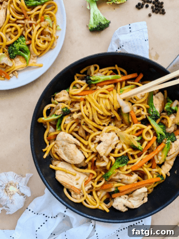 Stir fried noodles in a black pan