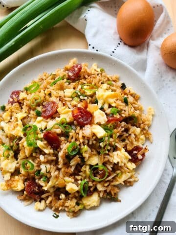 A full plate of Chinese sausage fried rice