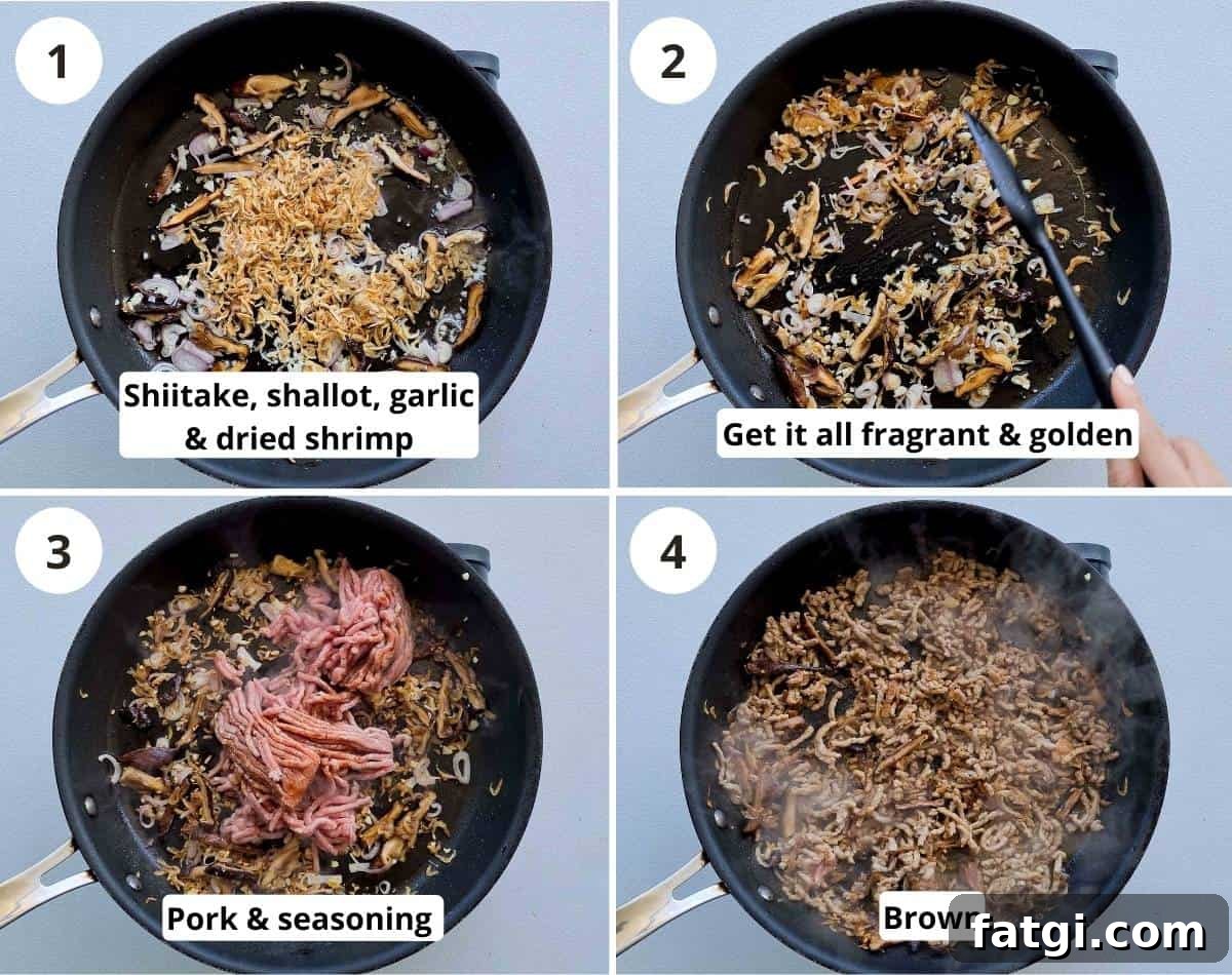 Four step instructions collage for cooking aromatics and pork