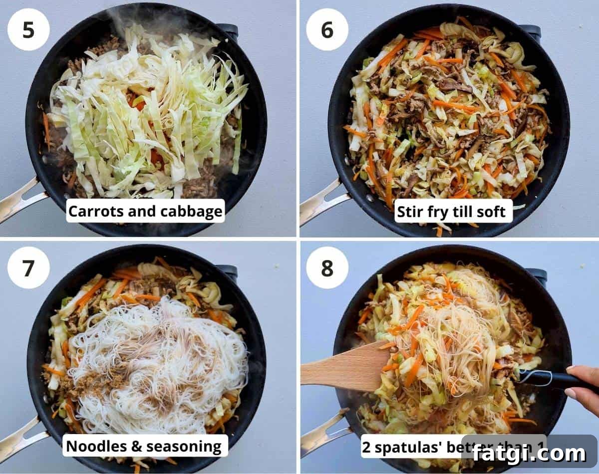 Four step instructions collage for adding vegetables and noodles
