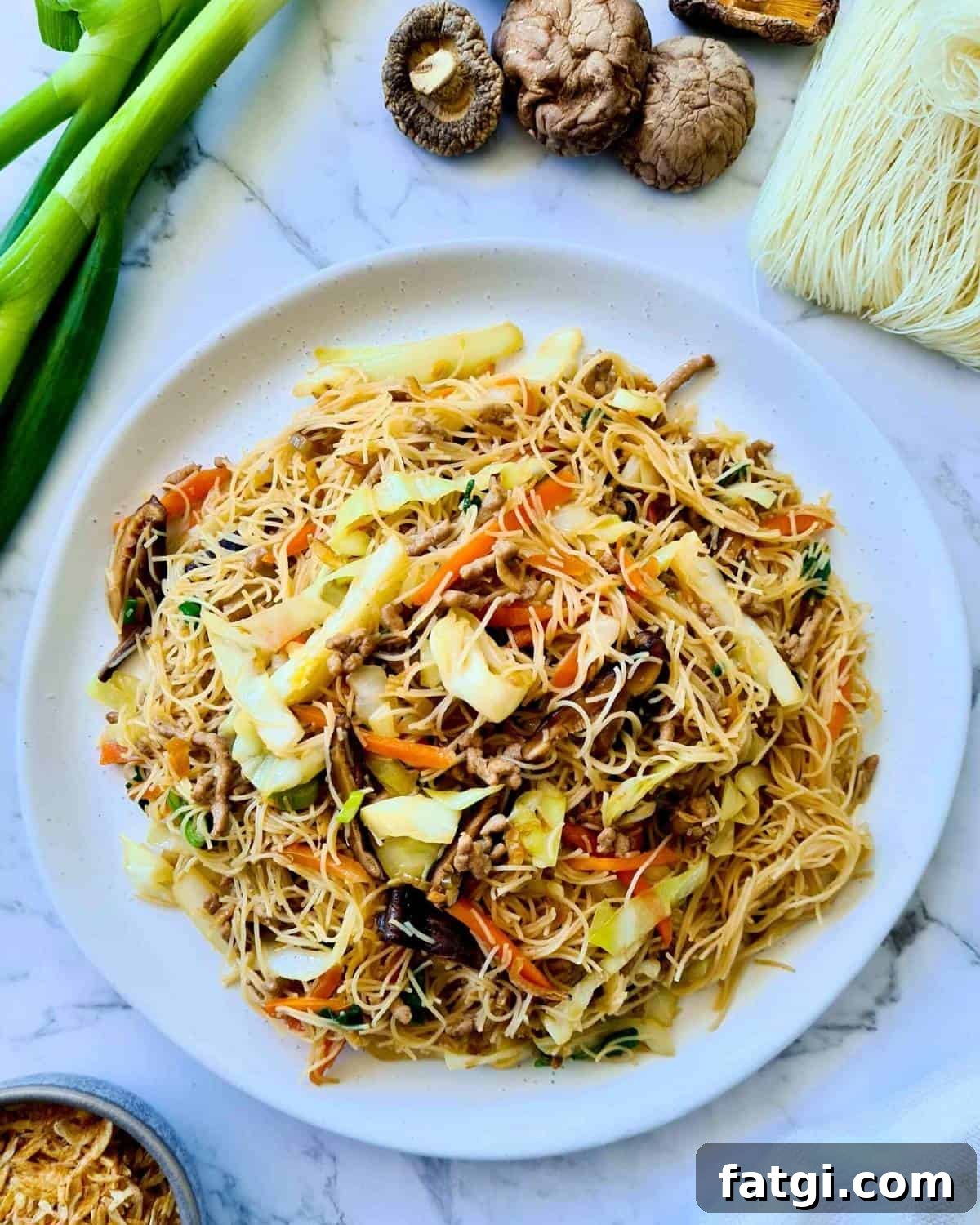 Cooked vermicelli stir fry served on a large white plate