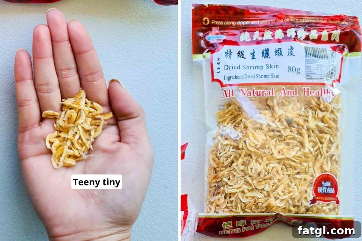 Dried shrimp skin in packaging and inside a palm