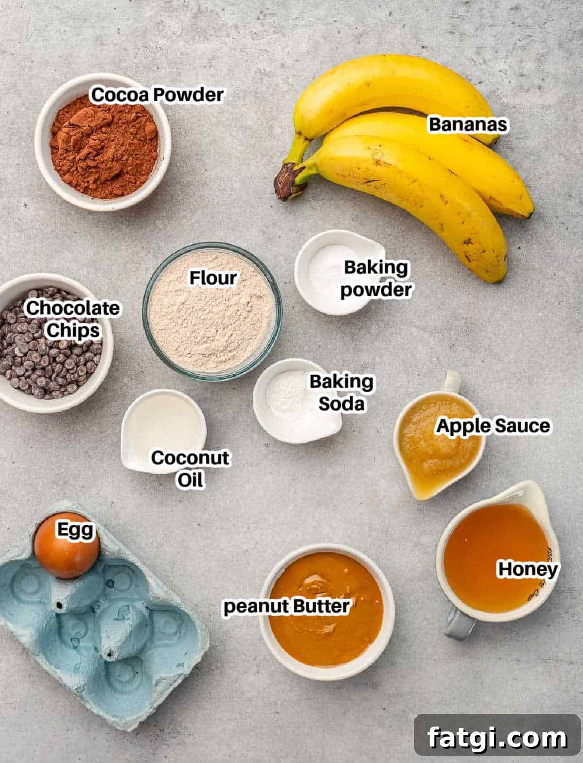 ingredients to make peanut butter and chocolate muffins.