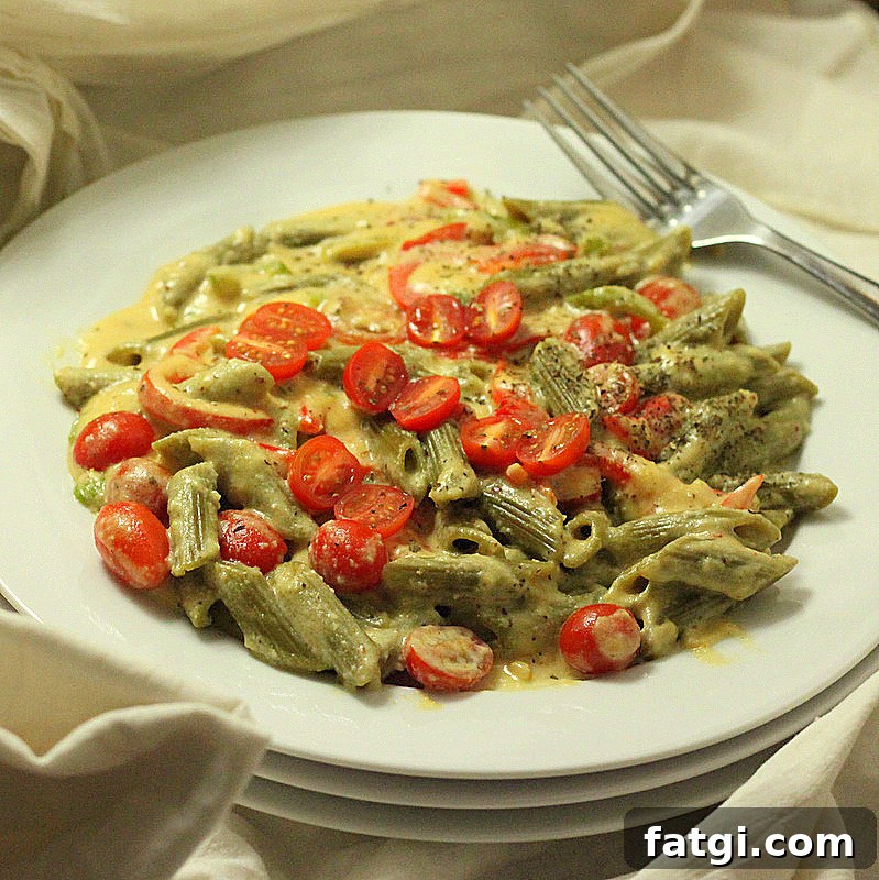 Vegan Chipotle Habanero Spinach Penne with Cashew Cream 3 Creamy vegan spinach penne with bell peppers and cherry tomatoes