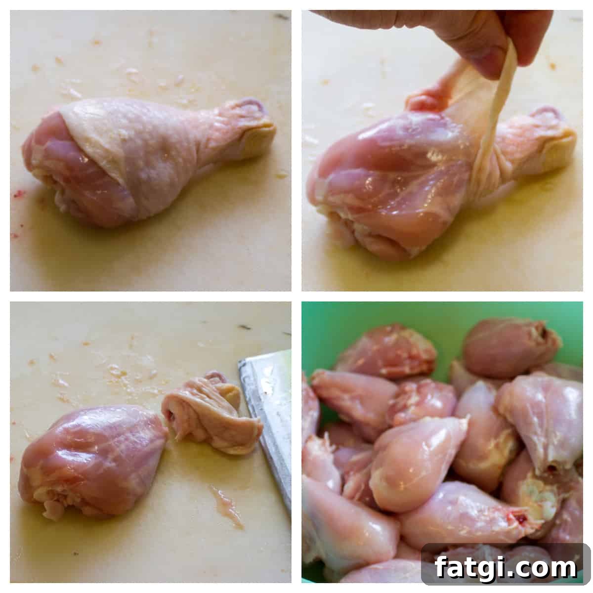 A four picture collage showing how to cut a chicken drumstick.