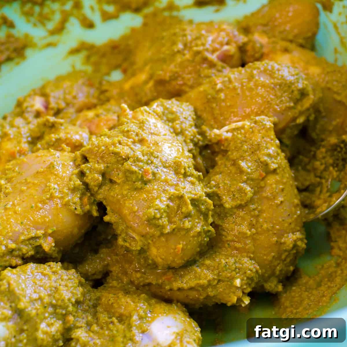 Chicken drumsticks tossed in the curry paste.