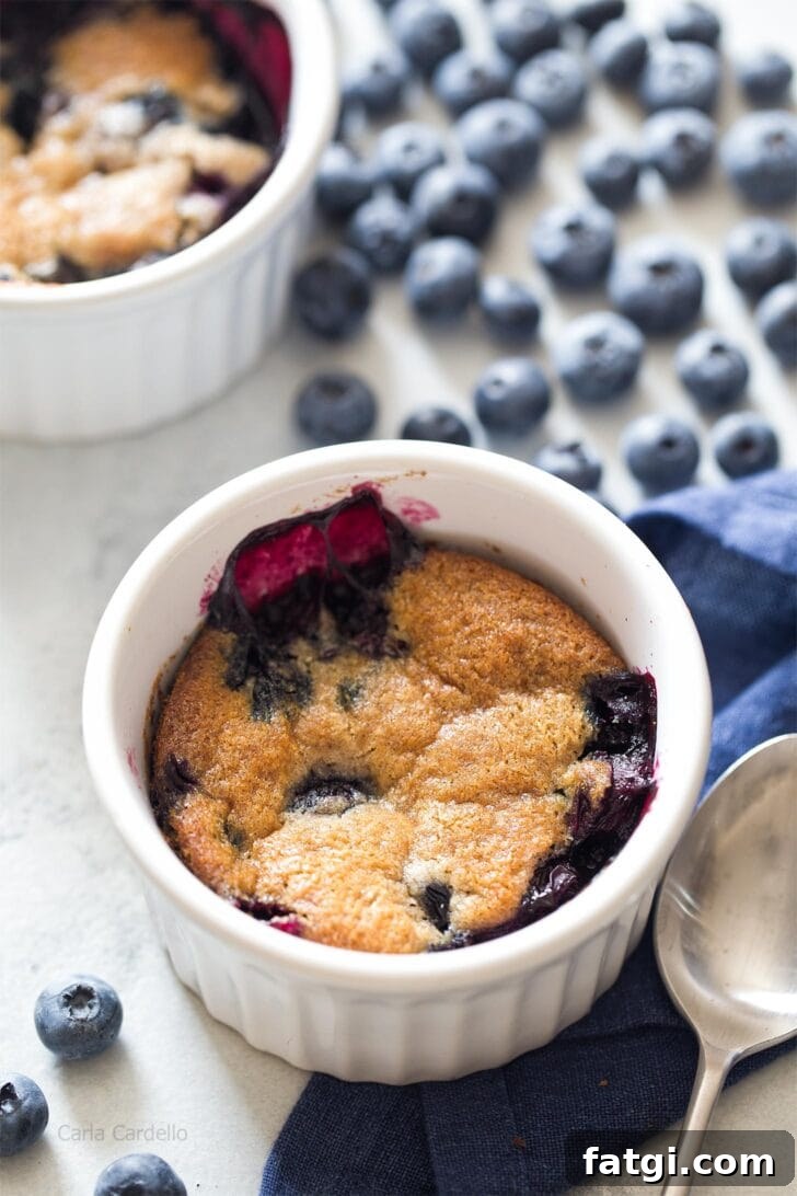 Mini Blueberry Cobbler for Two 3 Blueberry Cobbler in white ramekin without ice cream on top