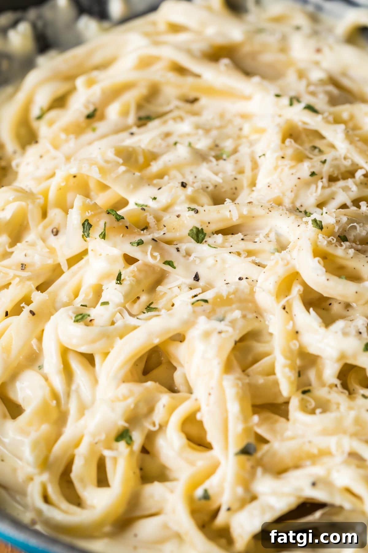 Close-up view of fettuccine pasta in a creamy alfredo sauce.