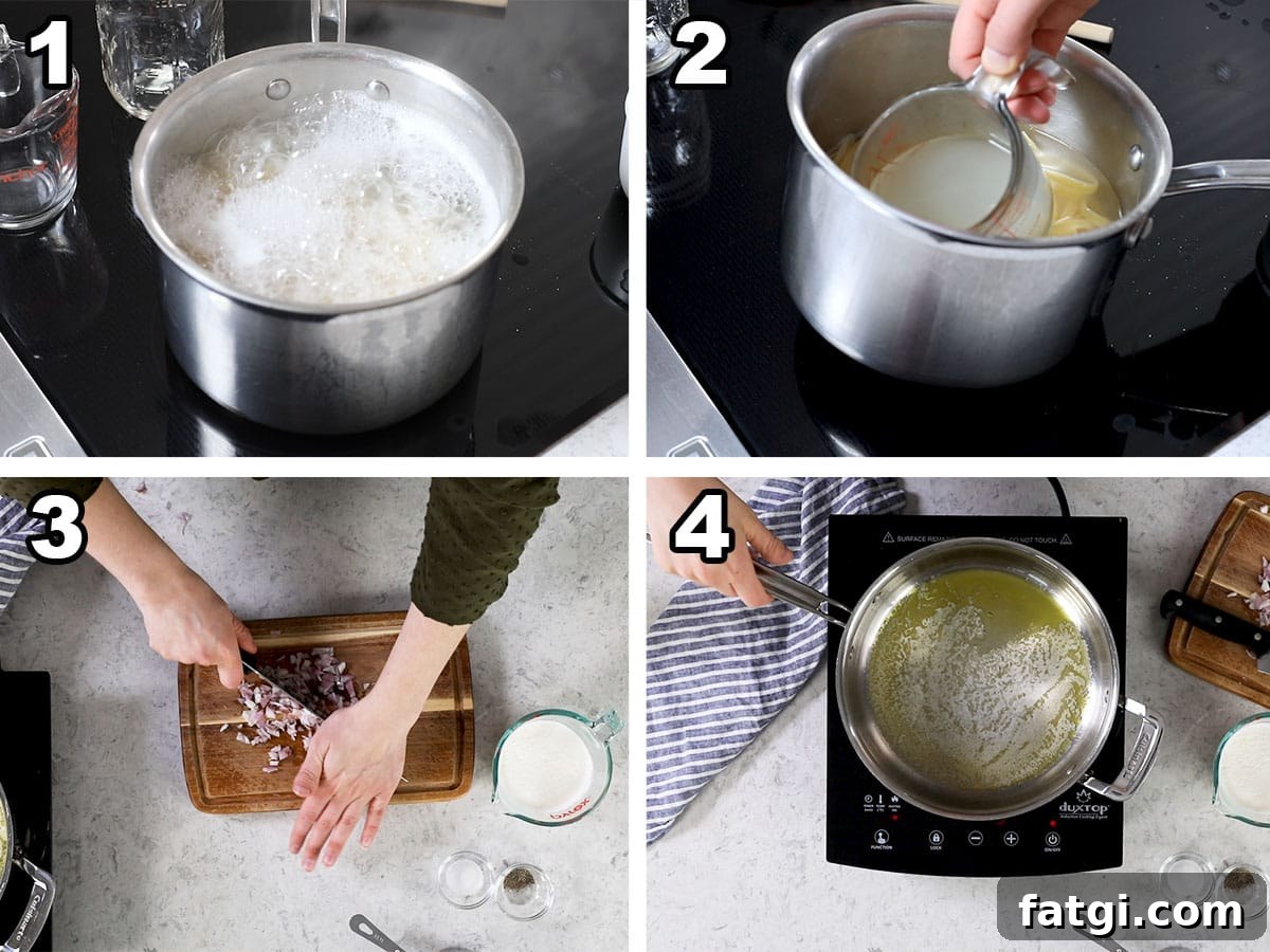 Collage showing pasta being boiled, water being reserved, a shallot being chopped, and butter being melted with oil.