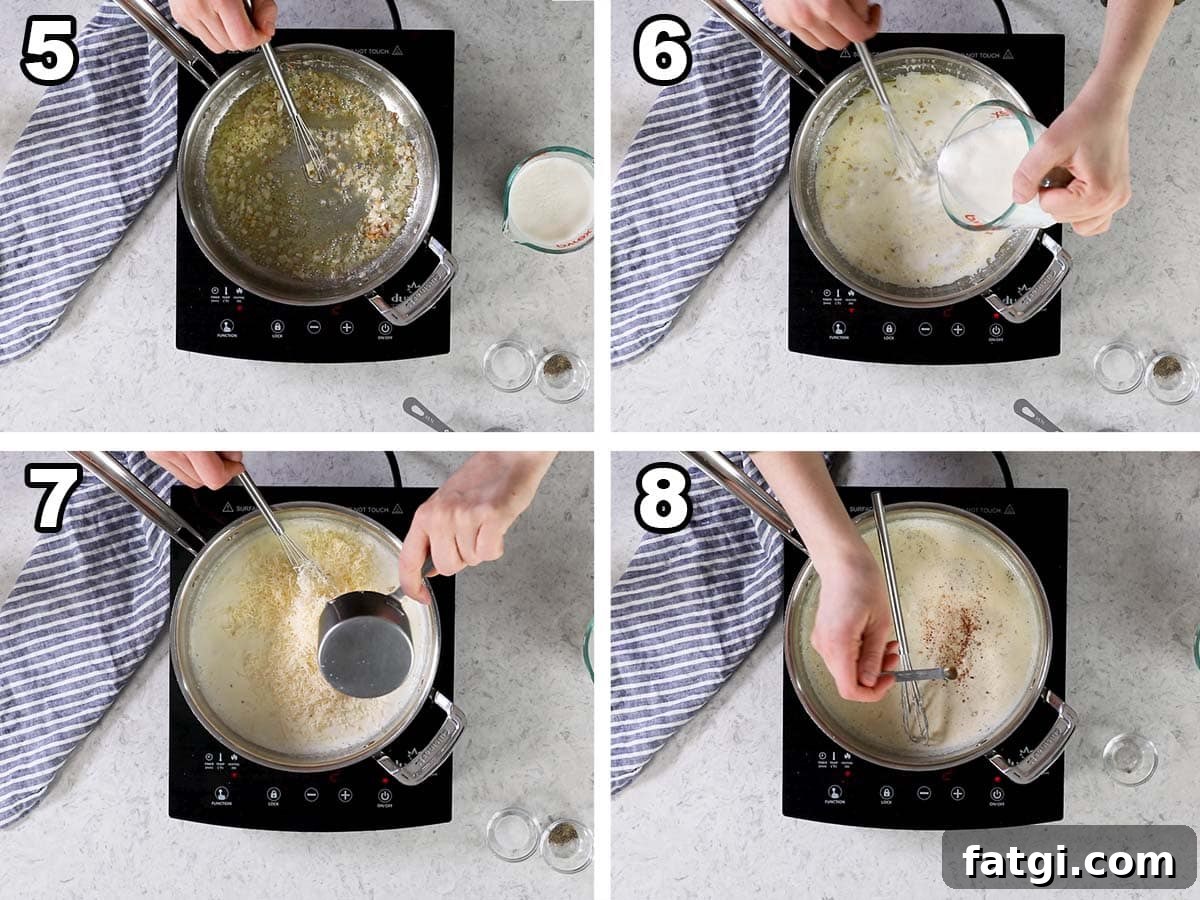 Collage showing shallot being cooked in butter and oil, and heavy cream, parmesan, and nutmeg being added to make a sauce.
