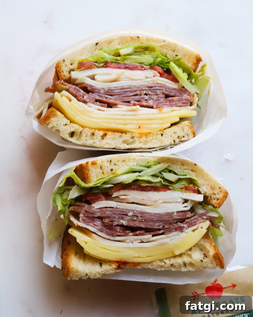 Italian Deli Sandwich with Calabrian Chili Mayo 2 Stacked sandwich with deli meats, cheese, lettuce, and tomato on sliced bread.