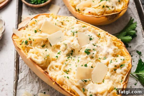 Spaghetti Squash Alfredo with Creamy Garlic Parmesan Sauce 12 cut half roasted spaghetti squash with alfredo sauce