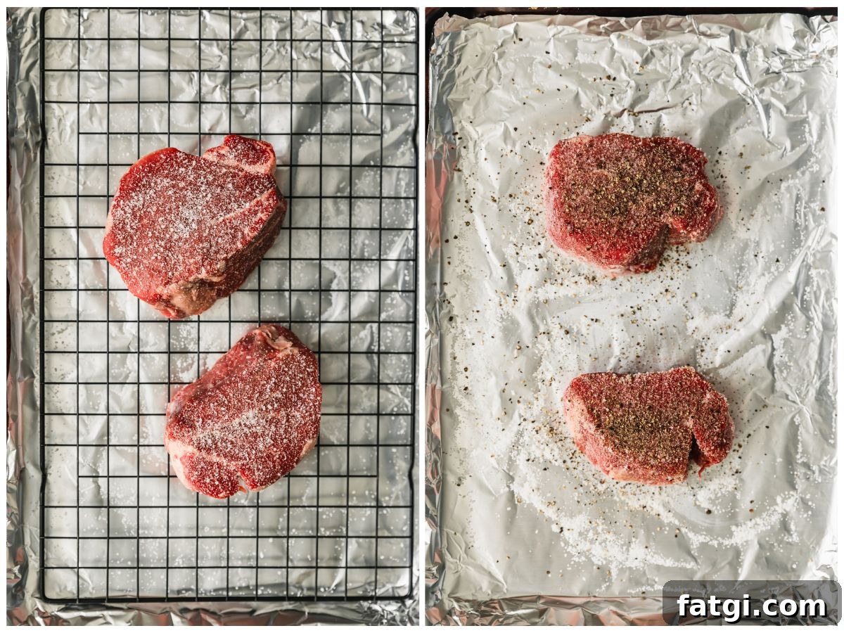 Reverse-Seared Filet Mignon with Creamy Peppercorn Sauce 4 Two steps to seasoning steak. In photo 1, steaks are coated with salt on a wire rack. In photo 2, the steaks have pepper on them.