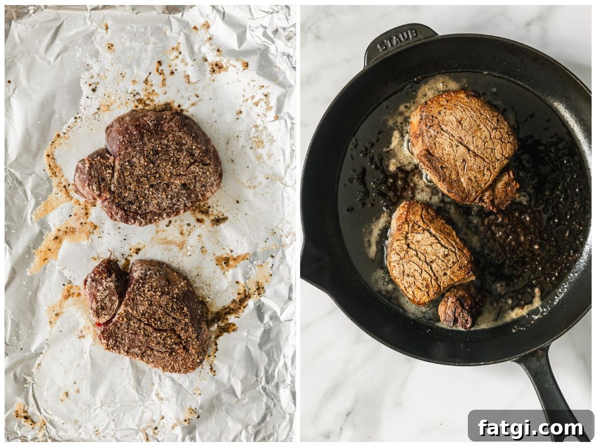 Reverse-Seared Filet Mignon with Creamy Peppercorn Sauce 5 Two steps to reverse searing steaks. In photo 1, the steaks are baked. In photo 2, they're being seared in a cast iron skillet