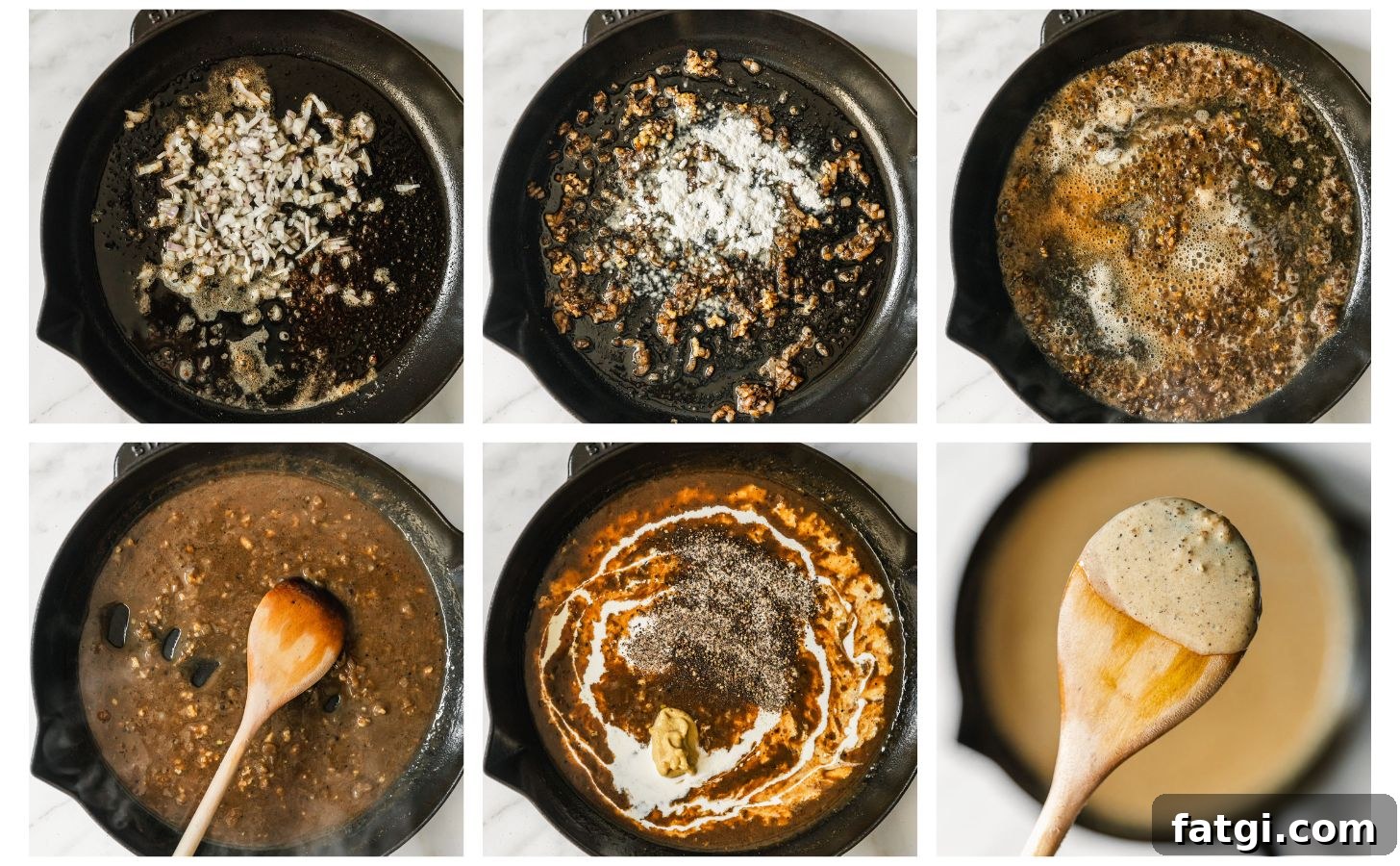 Reverse-Seared Filet Mignon with Creamy Peppercorn Sauce 6 Six steps to making brandy peppercorn sauce. In photo 1, shallots are cooking in a cast iron skillet. In photo 2, the shallots are topped with flour. In photo 3, the pan has brandy in it. In photo 4, a wood spoon is stirring beef broth into the sauce. In photo 5, the sauce has cream, Dijon, and peppercorns. In photo 6, a wood spoon is coated in the sauce.