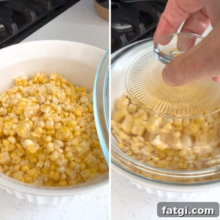 Placing the corn in a white microwave dish then microwave steaming.