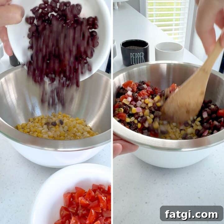 Adding all the salsa ingredients together in large bowl then tossing together.