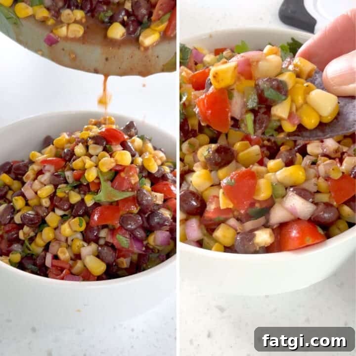 Adding the salsa to a serving bowl then scooping up with a tortilla chip.