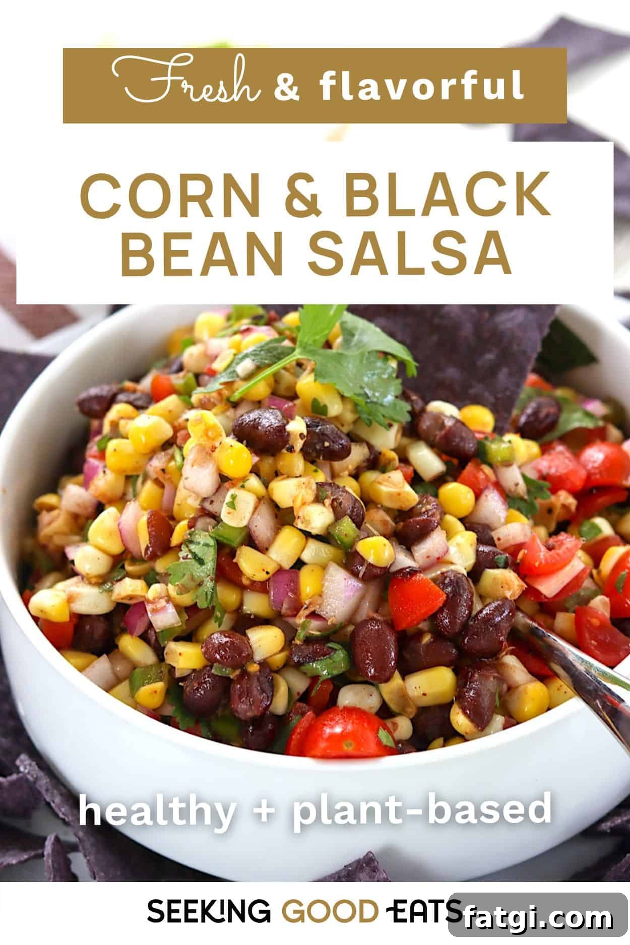 Pinterest pin with the words fresh and flavorful corn and black bean salsa.