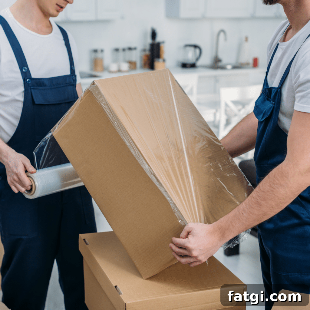 Partial view of movers wrapping cardboard box with stretch film in apartment 